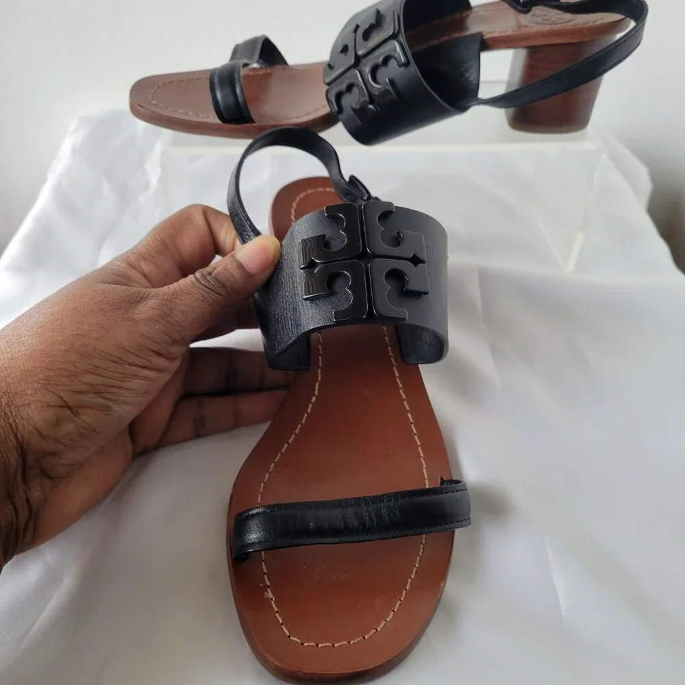 Tory Burch Lowell Women’s Slingback Black Leather Heeled Sandal (Size: 7M)